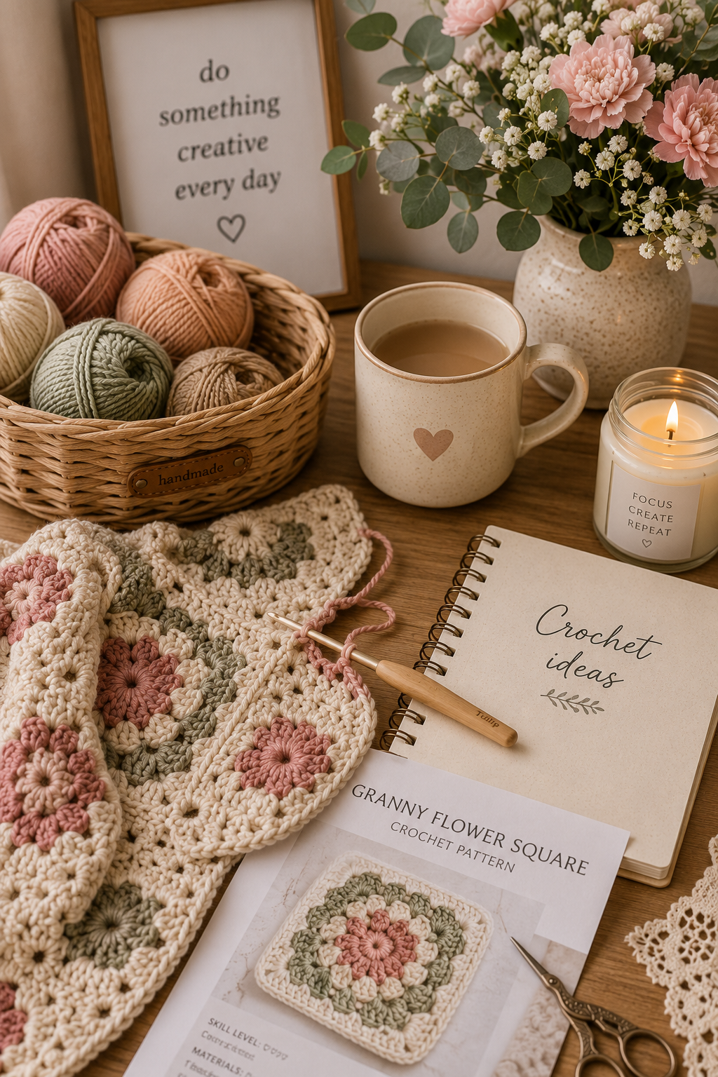 Crochet yarn, handmade project and creative workspace