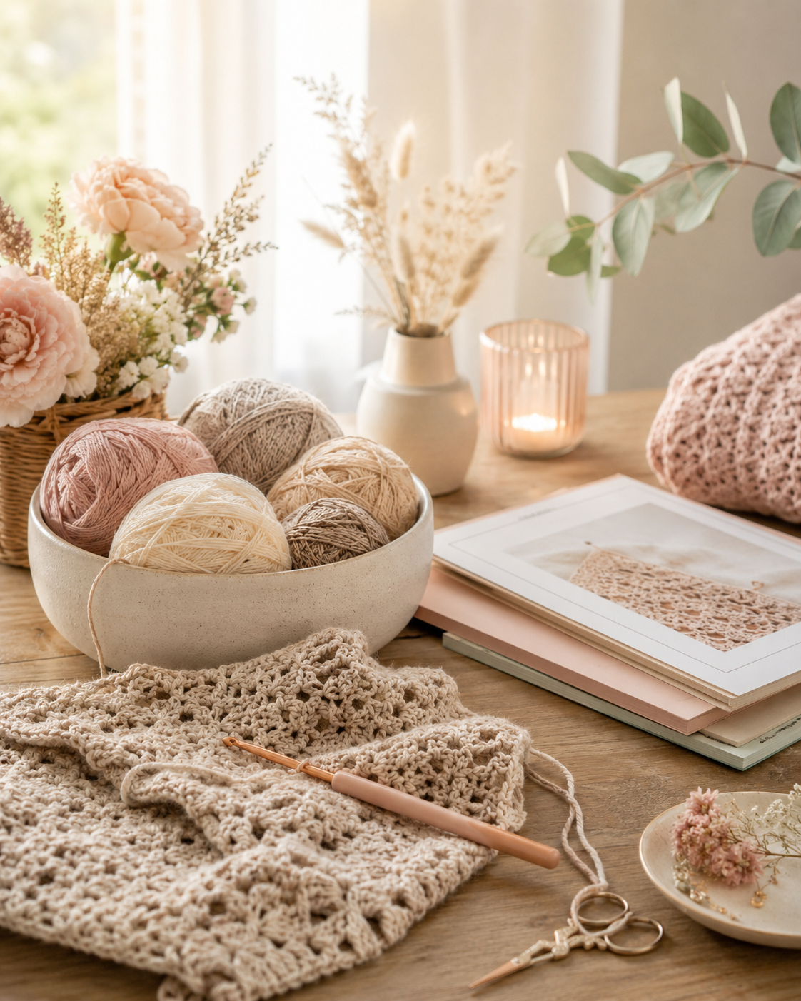 Crochet workspace with yarn, handmade project and creative tools