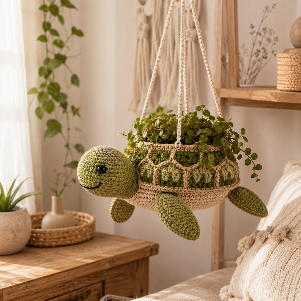 Crochet Turtle Hanging Planter Pattern PDF, Amigurumi Plant Hanger