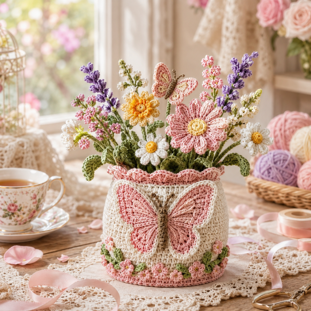 Butterfly Flower Vase Crochet Pattern PDF, Floral Amigurumi Decor, Crochet Bouquet Tutorial, Instant Download