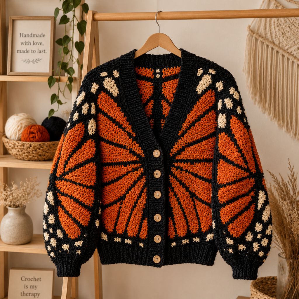 Monarch Butterfly Cardigan Crochet Pattern, Orange Black Sweater PDF, Instant Download