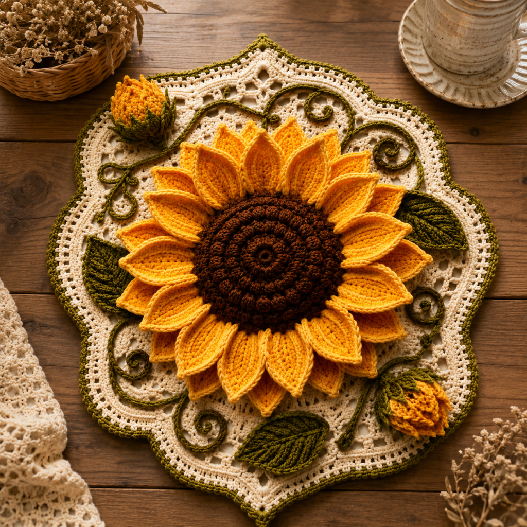 Sunflower Crochet Doily Pattern PDF – Floral Lace Table Mat | Instant Digital Download