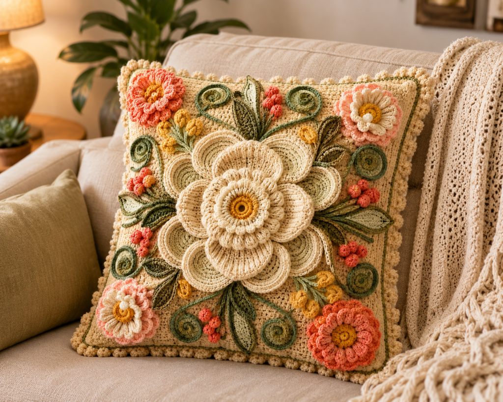 Crochet Pillow Pattern PDF | Floral Throw Pillow Crochet Pattern