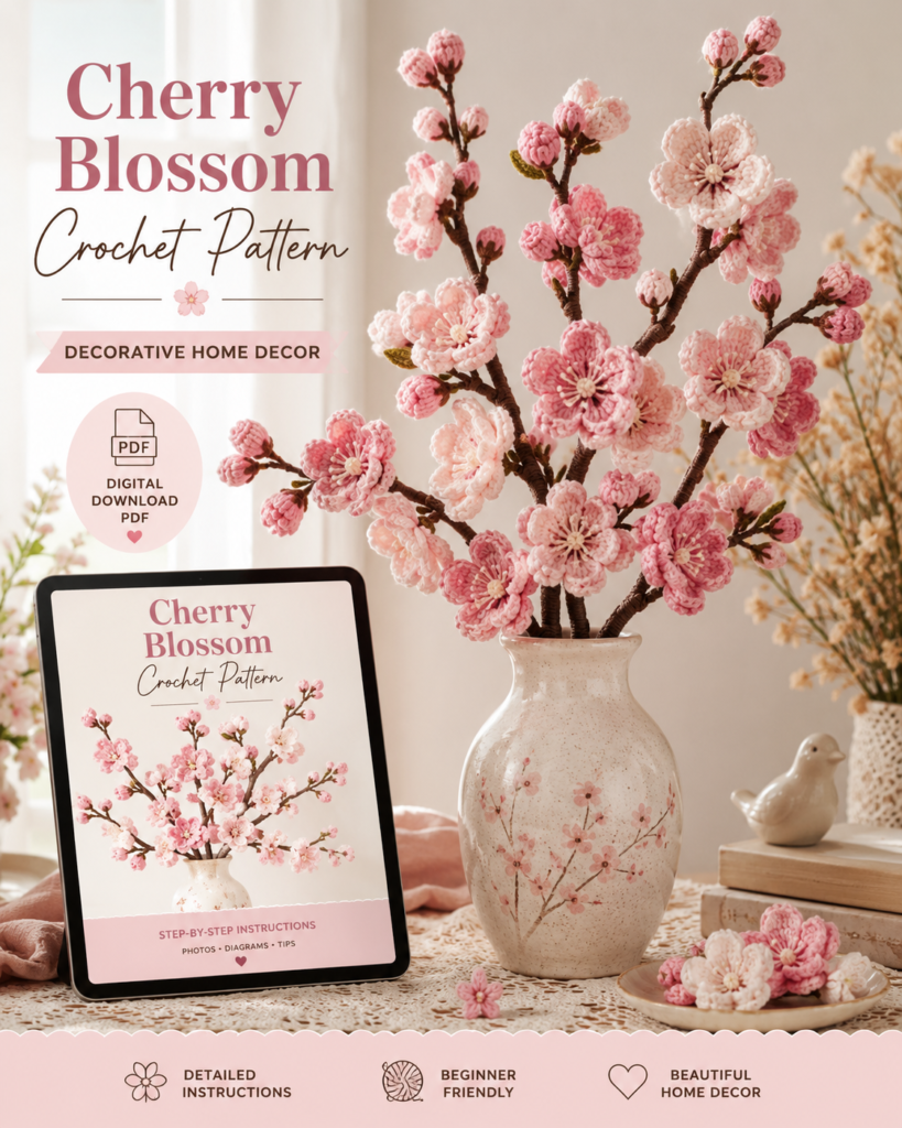 Cherry Blossom Crochet Pattern PDF | Japanese Sakura Flower Branch | DIY Crochet Home Decor | Amigurumi Floral Pattern | Digital Download